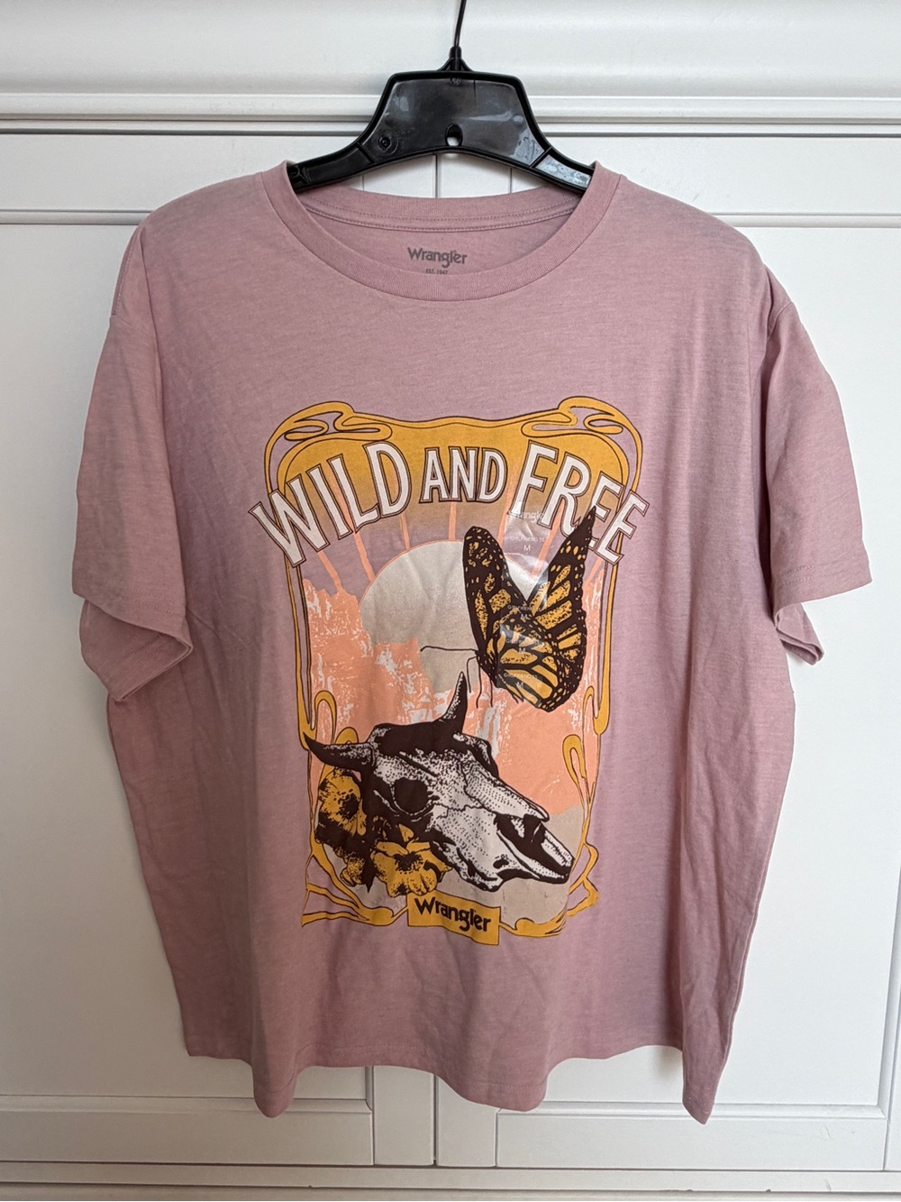 Wrangler Dusty Pink 'Wild and Free' Graphic Tee with Yellow Accent NWT